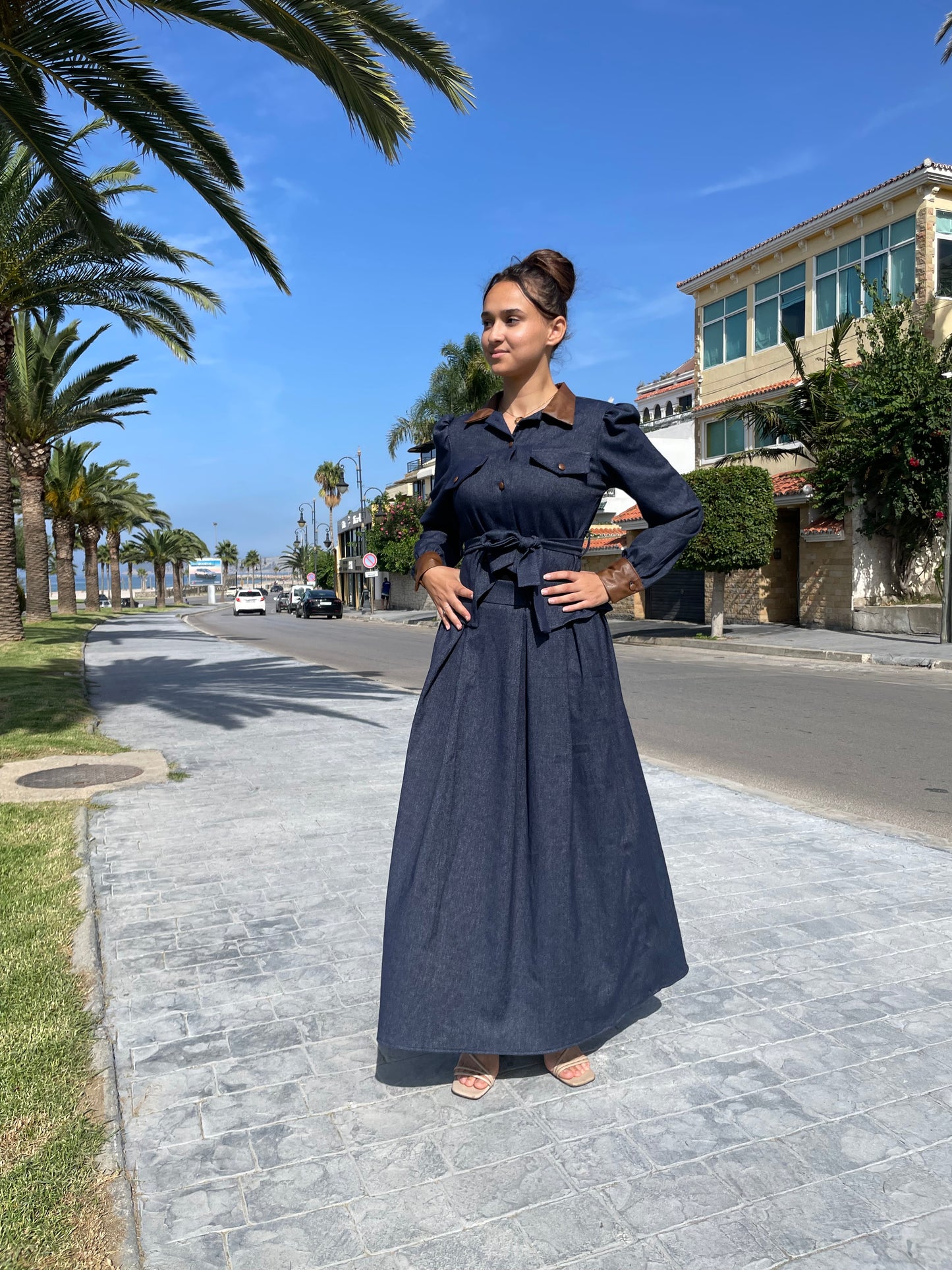 Ensemble Long Femme Effet Denim – Veste Cintrée Ceinturée + Jupe Longue Évasée
