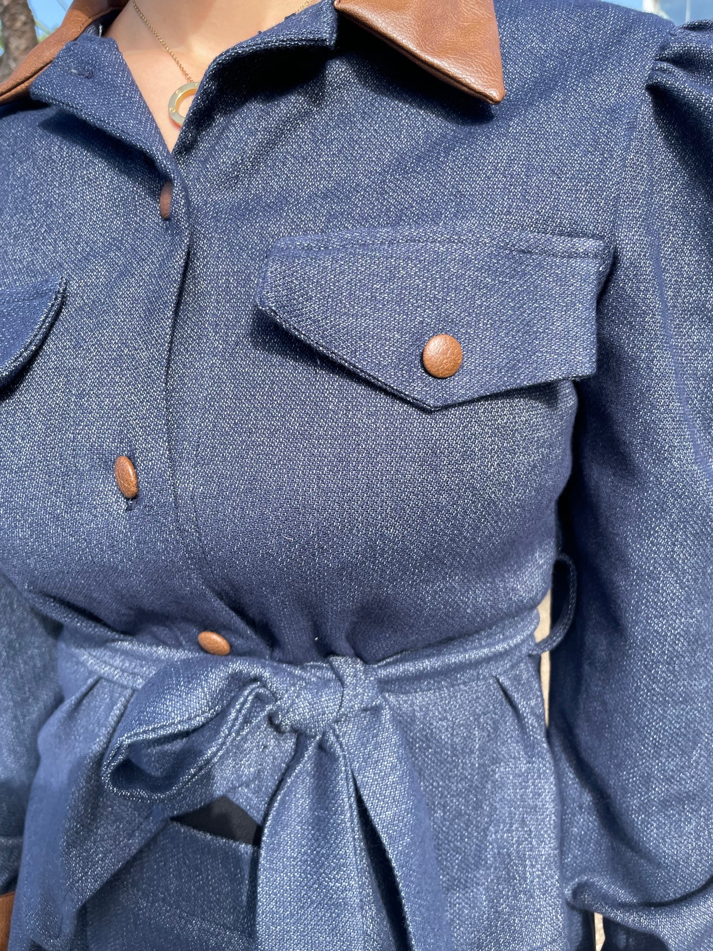 Ensemble Long Femme Effet Denim – Veste Cintrée Ceinturée + Jupe Longue Évasée