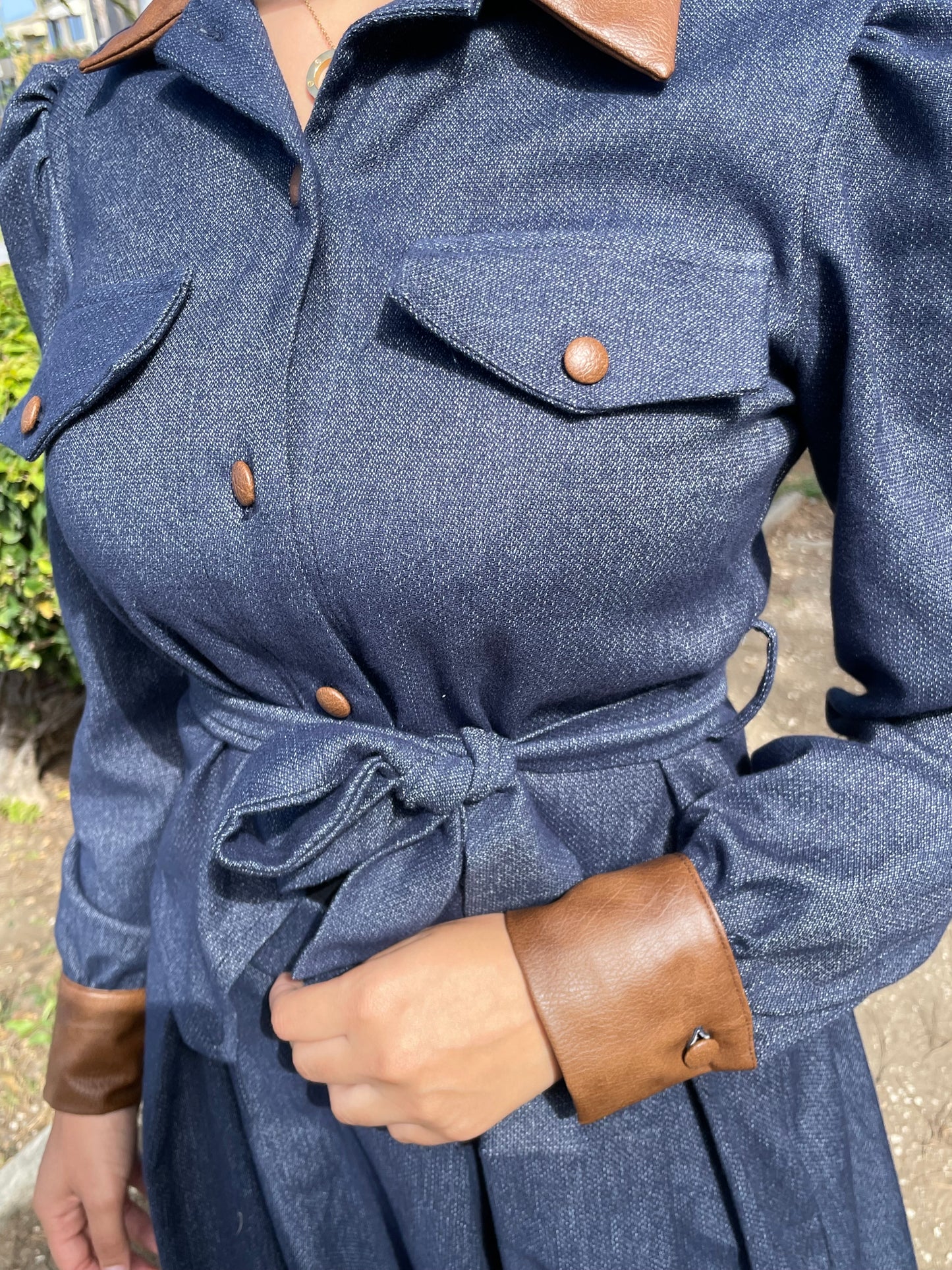 Ensemble Long Femme Effet Denim – Veste Cintrée Ceinturée + Jupe Longue Évasée