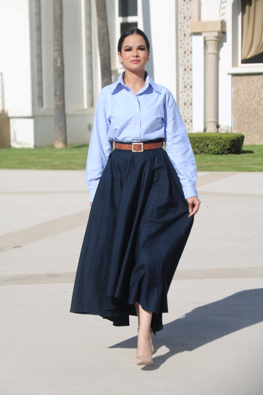 Jupe Longue Évasée Asymétrique en Toile Bleu Marine