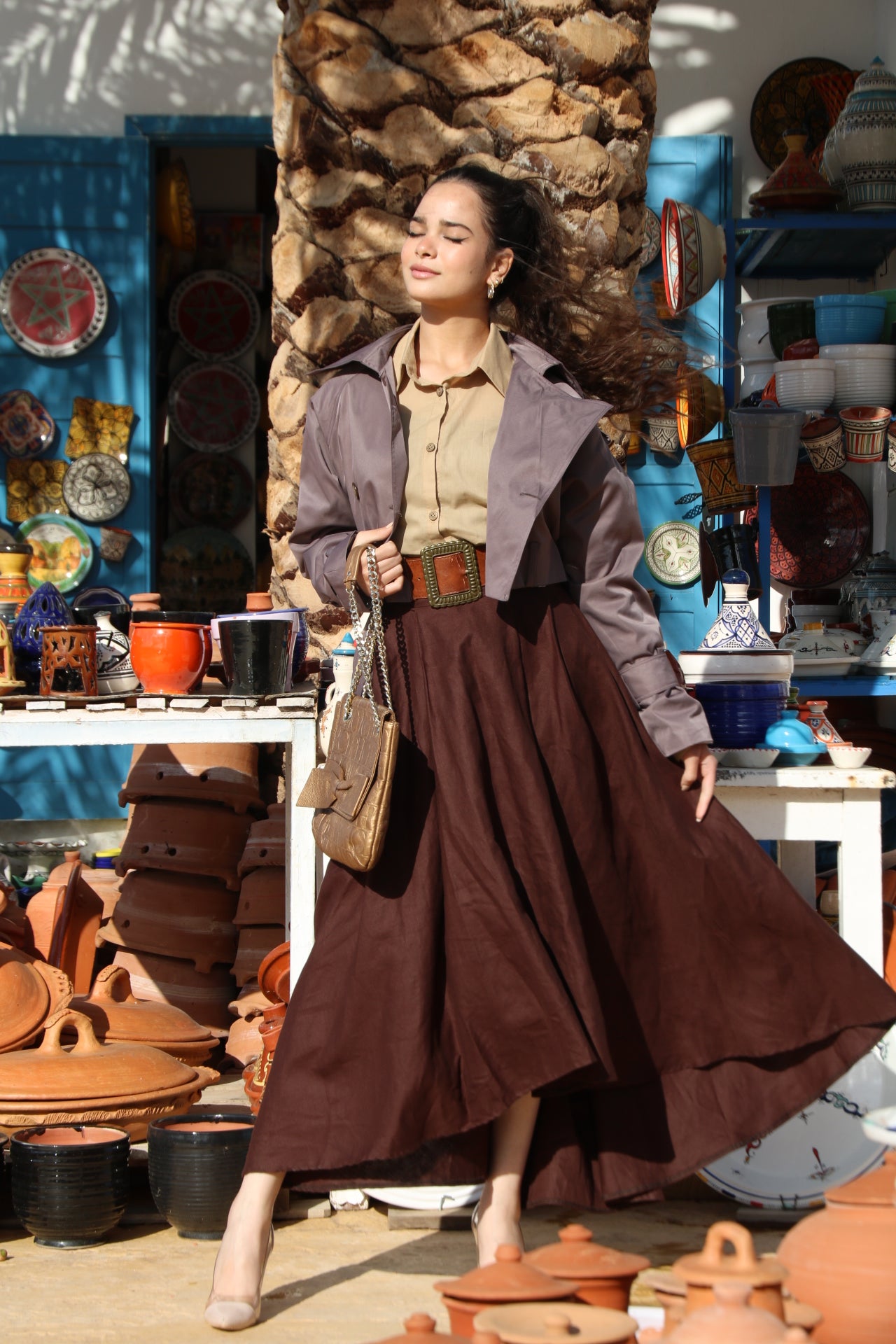 Trench Court Ceinturé en Toile Taupe