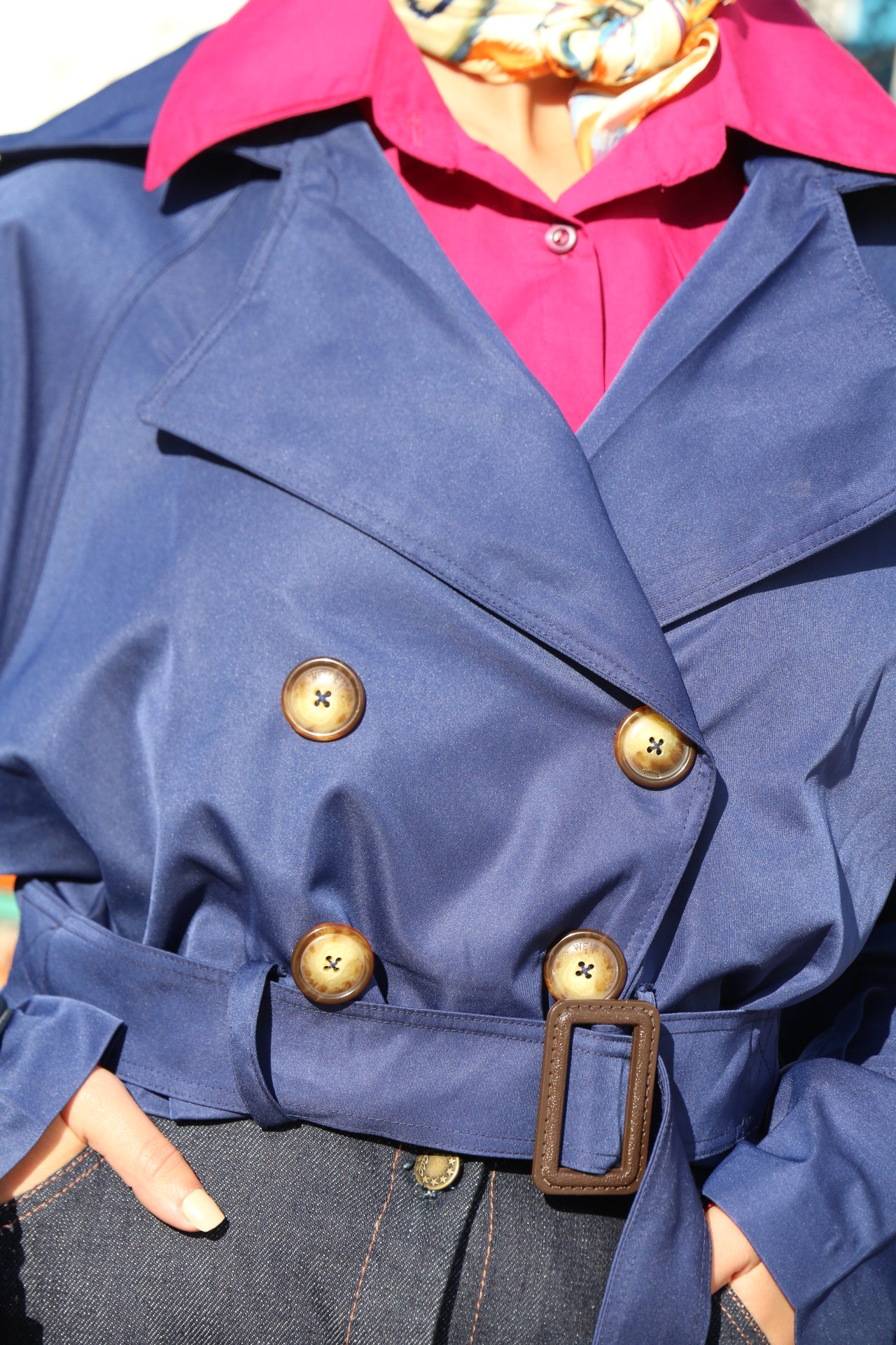 Trench Court Ceinturé en Toile Bleu Marine