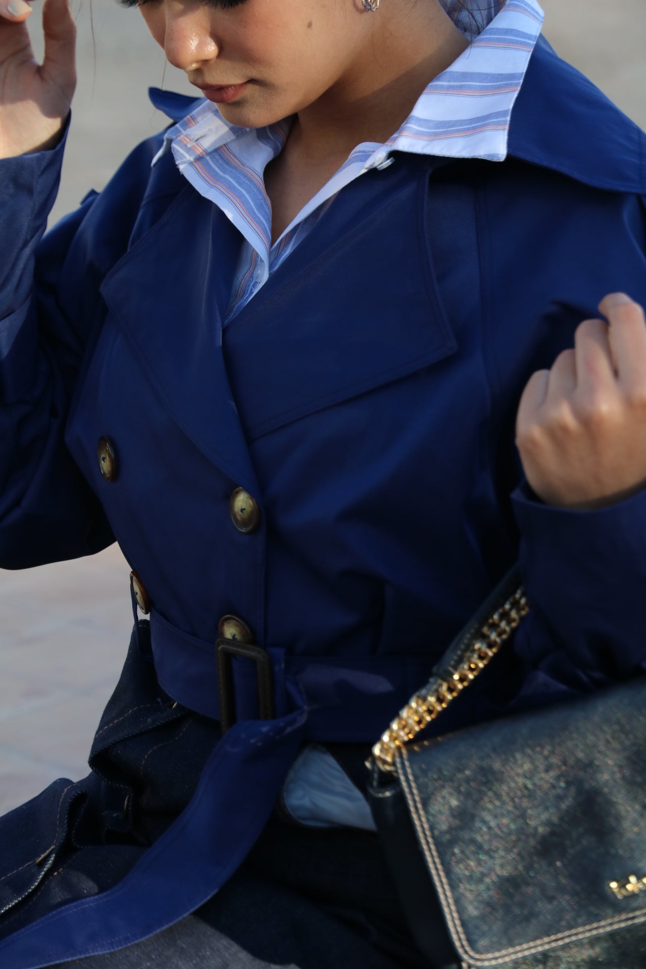 Trench Court Ceinturé en Toile Bleu Marine