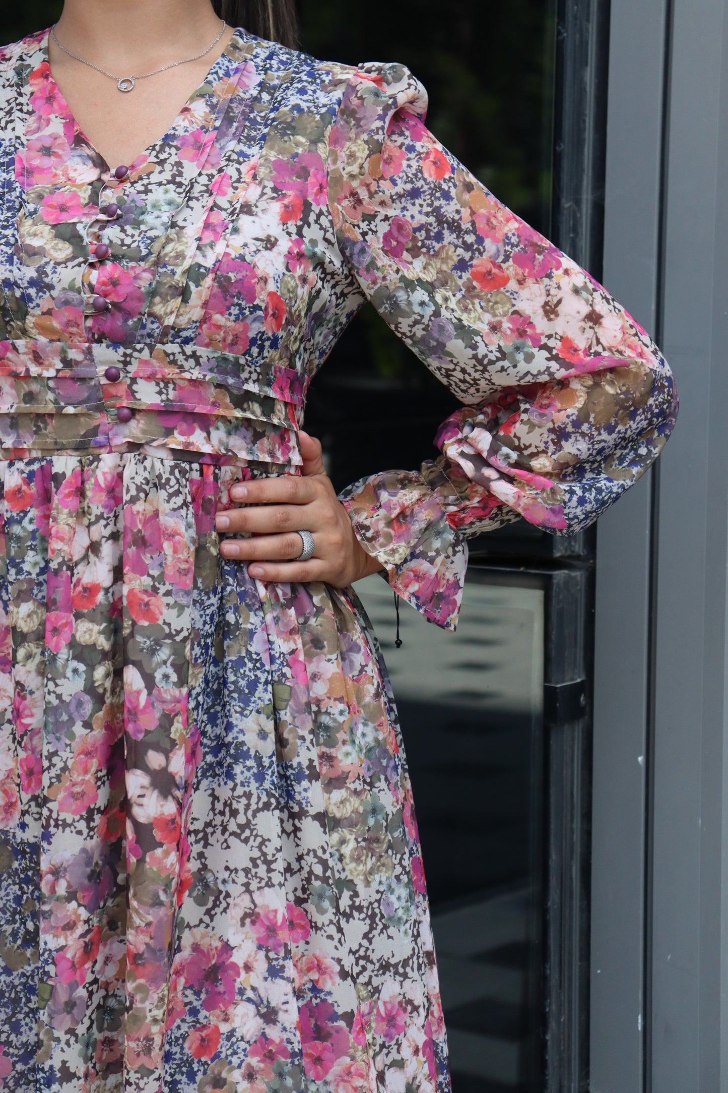 Robe longue fleurie en mousseline avec doublure