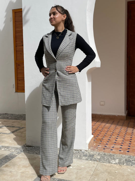 Ensemble Femme Chic en Tweed Léger – Gilet Long Sans Manches + Pantalon Évasé Pied-de-Poule