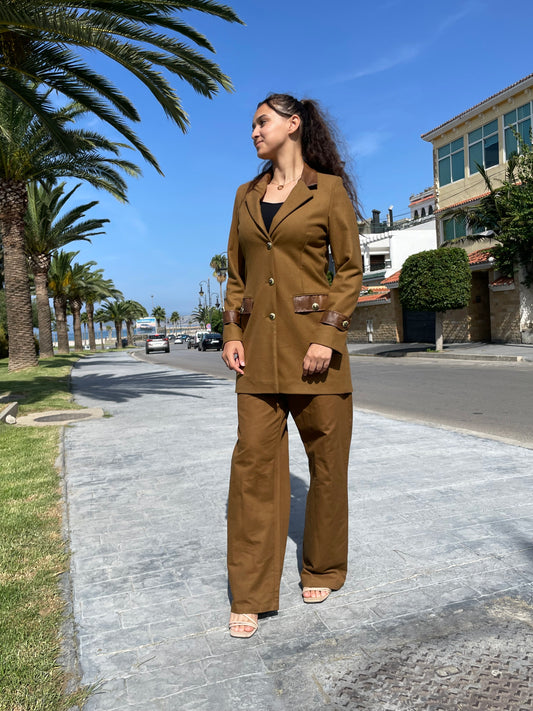 Blazer Long Camel avec Détails Marron Cuir