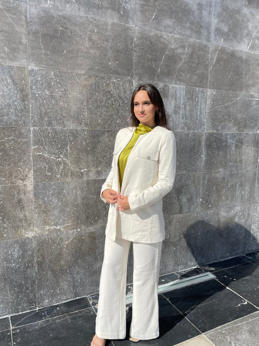 Ensemble Femme en Tweed Blanc Cassé- veste et pantalon