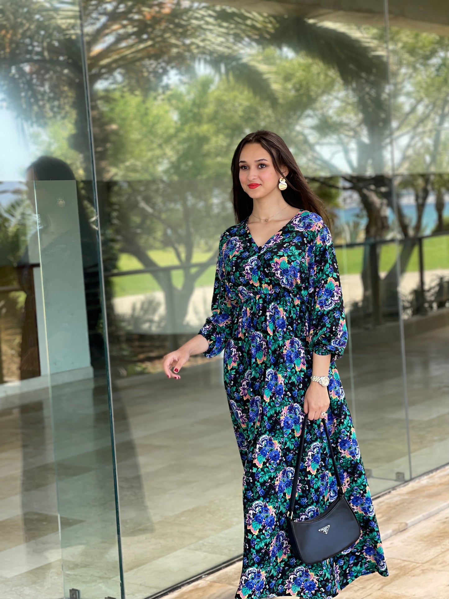 Robe longue fleurie à manches longues – Bleu & vert