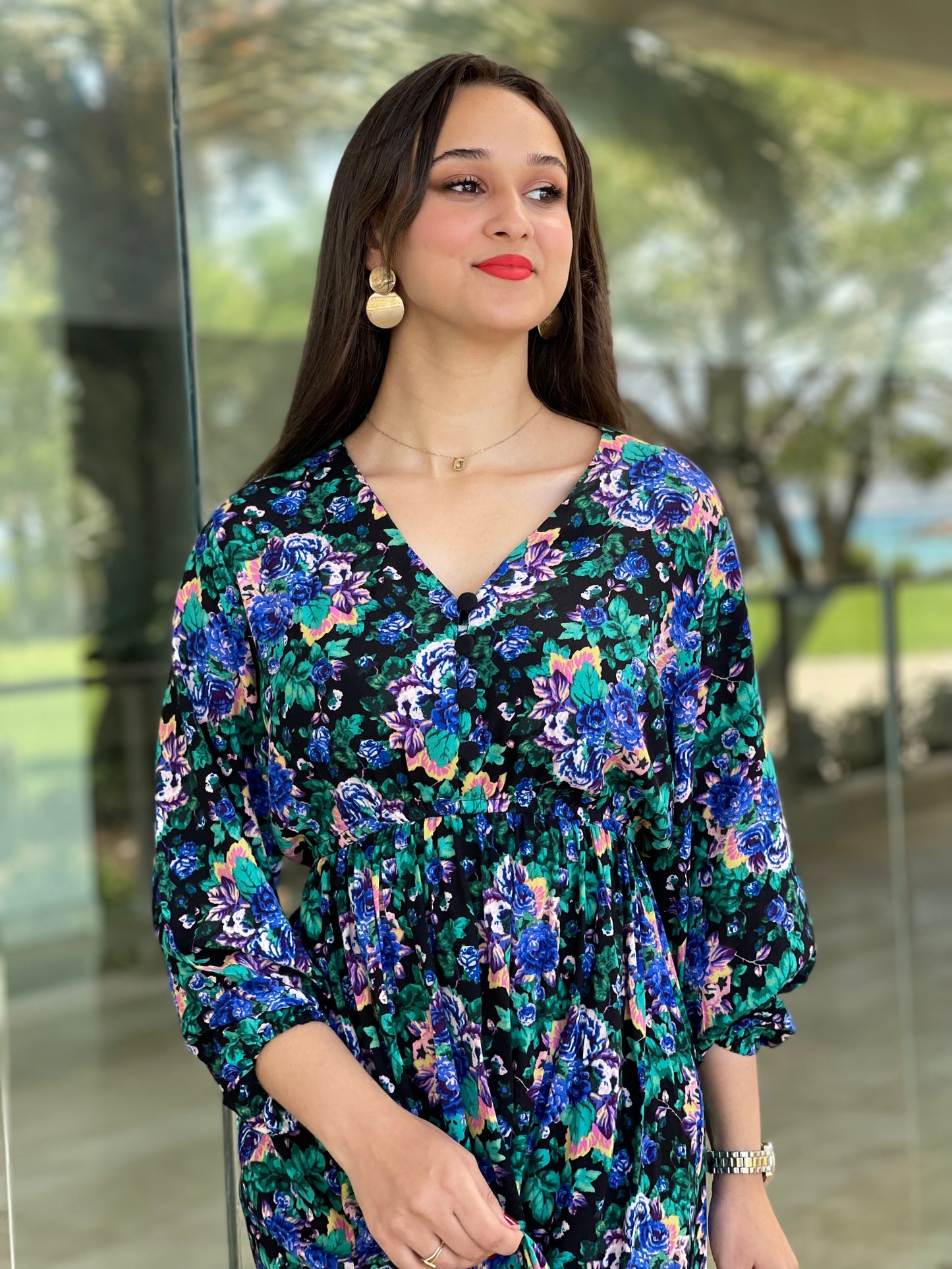 Robe longue fleurie à manches longues – Bleu & vert
