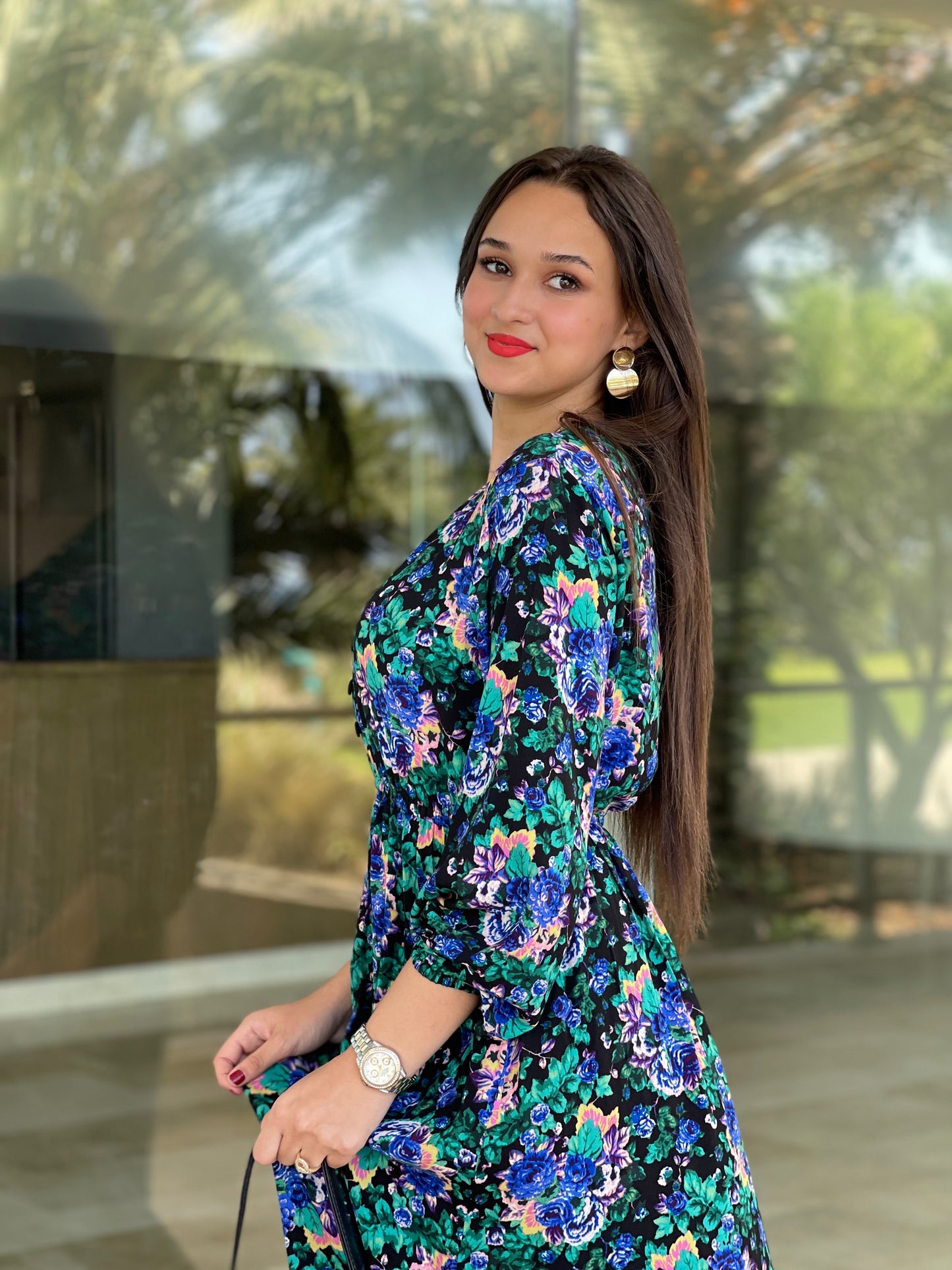 Robe longue fleurie à manches longues – Bleu & vert